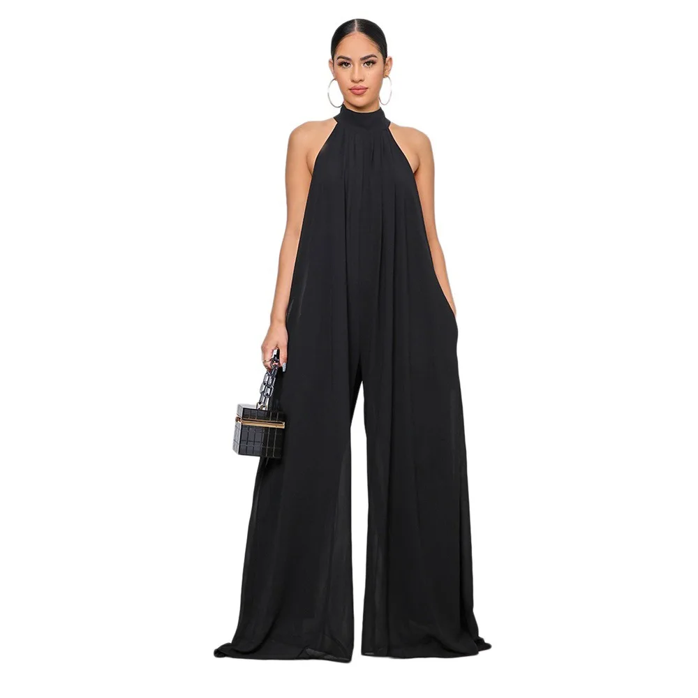 2024 Summer Boho Style Women Chiffon Halter Backless Jumpsuits Loose Style Long Overalls Elegant Party Club Jumpsuit