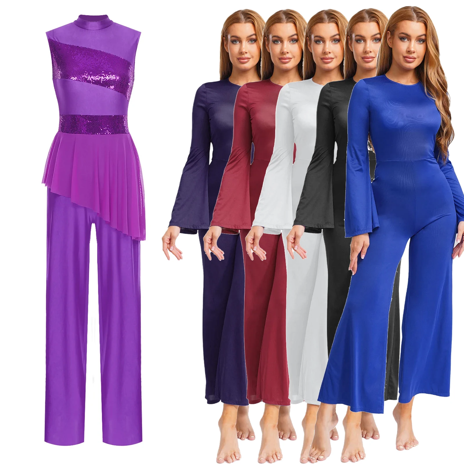 

Women Modern Ballet Dance Jumpsuit Long Sleeve Wide-Leg Full Length Bodysuit Liturgical Dance Choir Stage Performance Costume