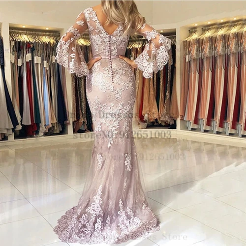 Imagen 2 del producto Vestidos tubo de moda para madre de la novia, apliques de encaje, espalda abierta, cuello en V, vestidos de fiesta largos de tul en capas personalizados para mamá