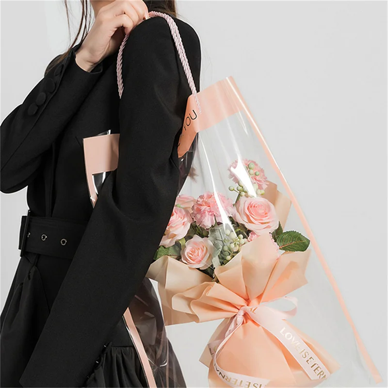 10 Pcs Rose Flower Tote Bags Clear Packaging Bags Handbag Bouquet Wrapping Floral Supplies Gift Bag Valentine\'s Day Decor