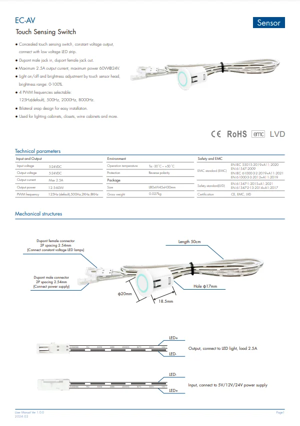 DC5V-24V 2.5A Dimmer Sensor Touch Sensing Switch EC-AV Controller Conceal Touch Sensing Switch for Single Color Led Strip Light