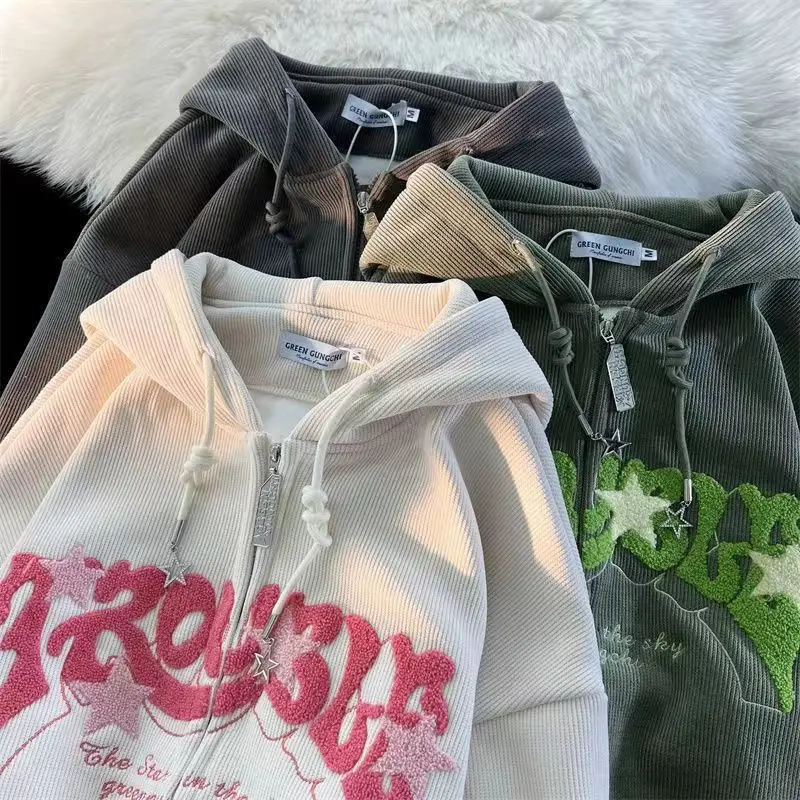 Corduroy Y2k Zip Up Hoodie Women Retro Embroidered Letter Loose Long Sleeve Tops 2023 Casual Hooded Sweatshirts Harajuku Jackets