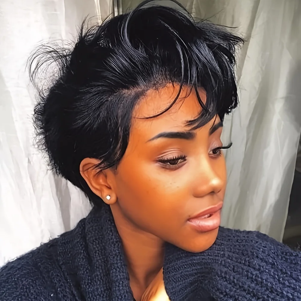 6inch pixie cut wig 427/natural black/1b30 color 150% density 13×1 T part lace remy wigs for women short curly human hair wigs