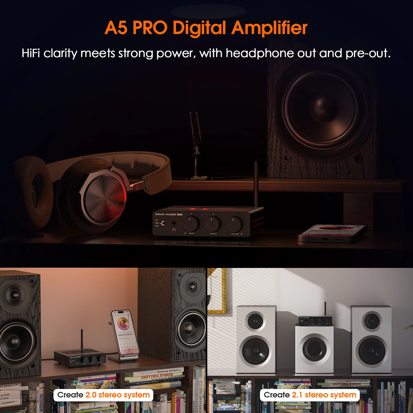 Douk Audio A5 PRO 스테레오 블루투스 앰프 TPA3255 파워 앰프 트레블&베이스 컨트롤 데스크 디지털 앰프 300W+300W