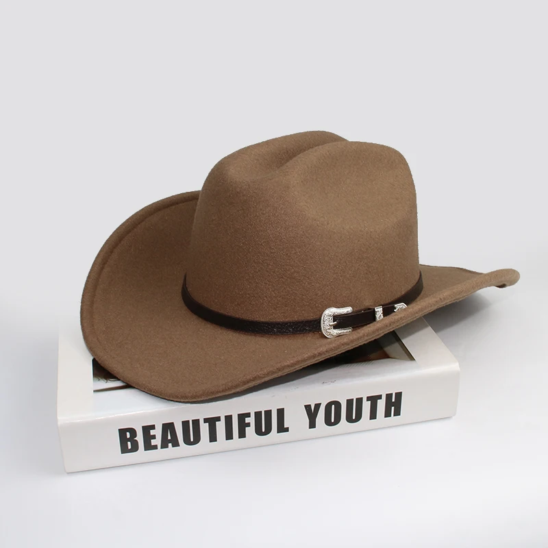 

Retro Simple Leather Band Imitation Cashmere Women Men Large Wide Brim Cowboy Western Hat Cowgirl Cap (56-59cm)