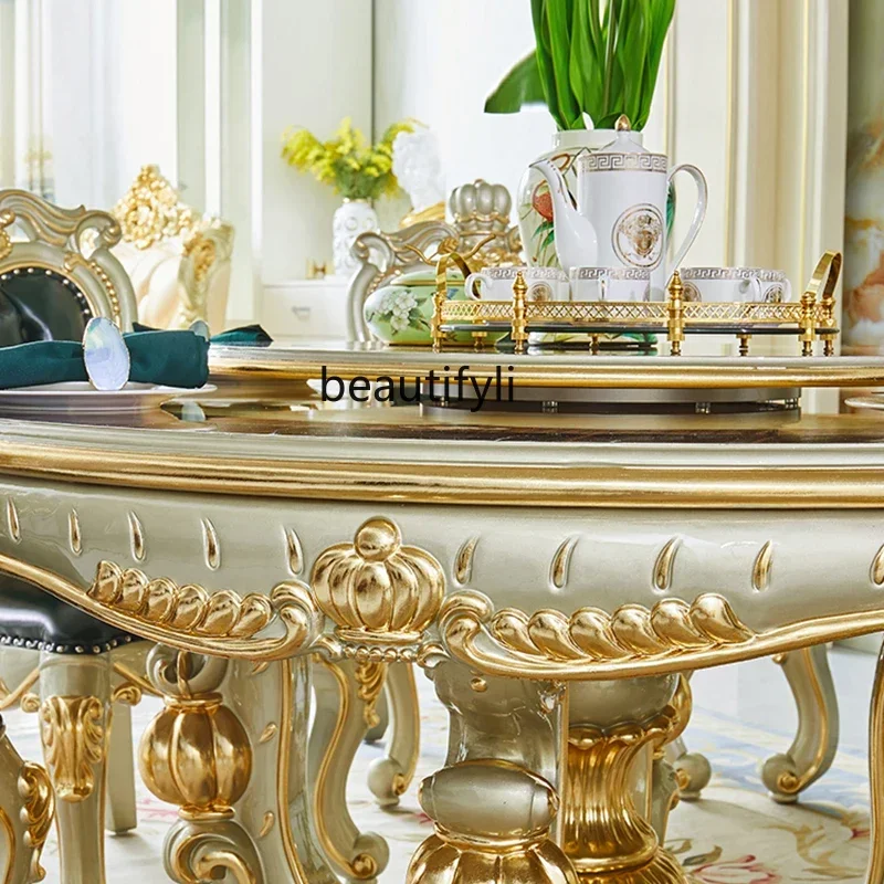 178European marble dining table, villa solid wood carving flower drawing gold and silver round table with turntable dining table