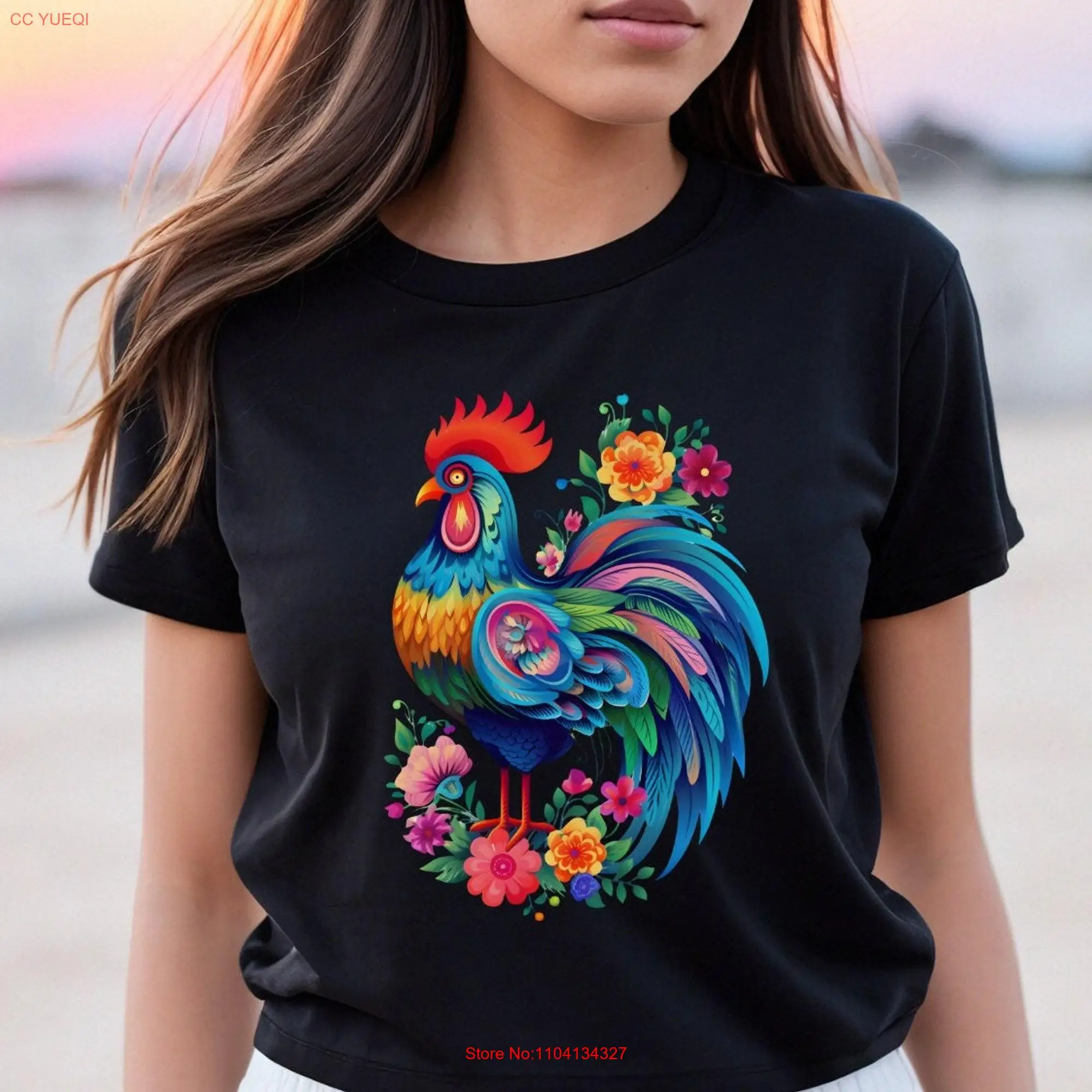 Rooster T Shirt Chicken Farm Animal Floral Hen Colorful Lover  long or short sleeves