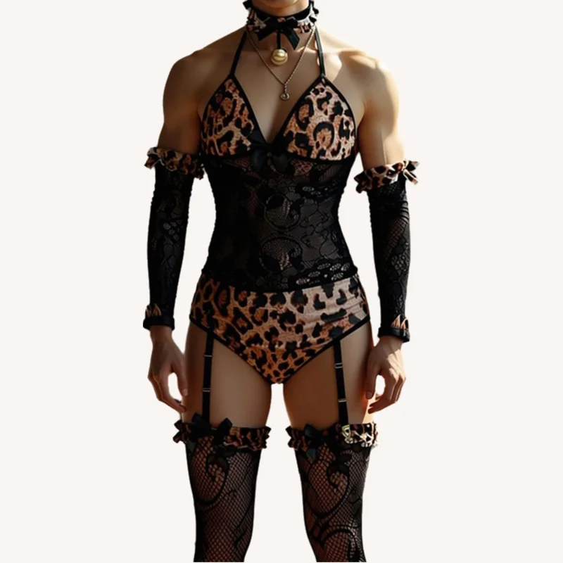 

Мужское сексуальное эротическое белье: леопардовое сетчатое боди с открытой спиной, костюм кошки для косплея, униформа, аксессуары для рукавиц, горячая новинка