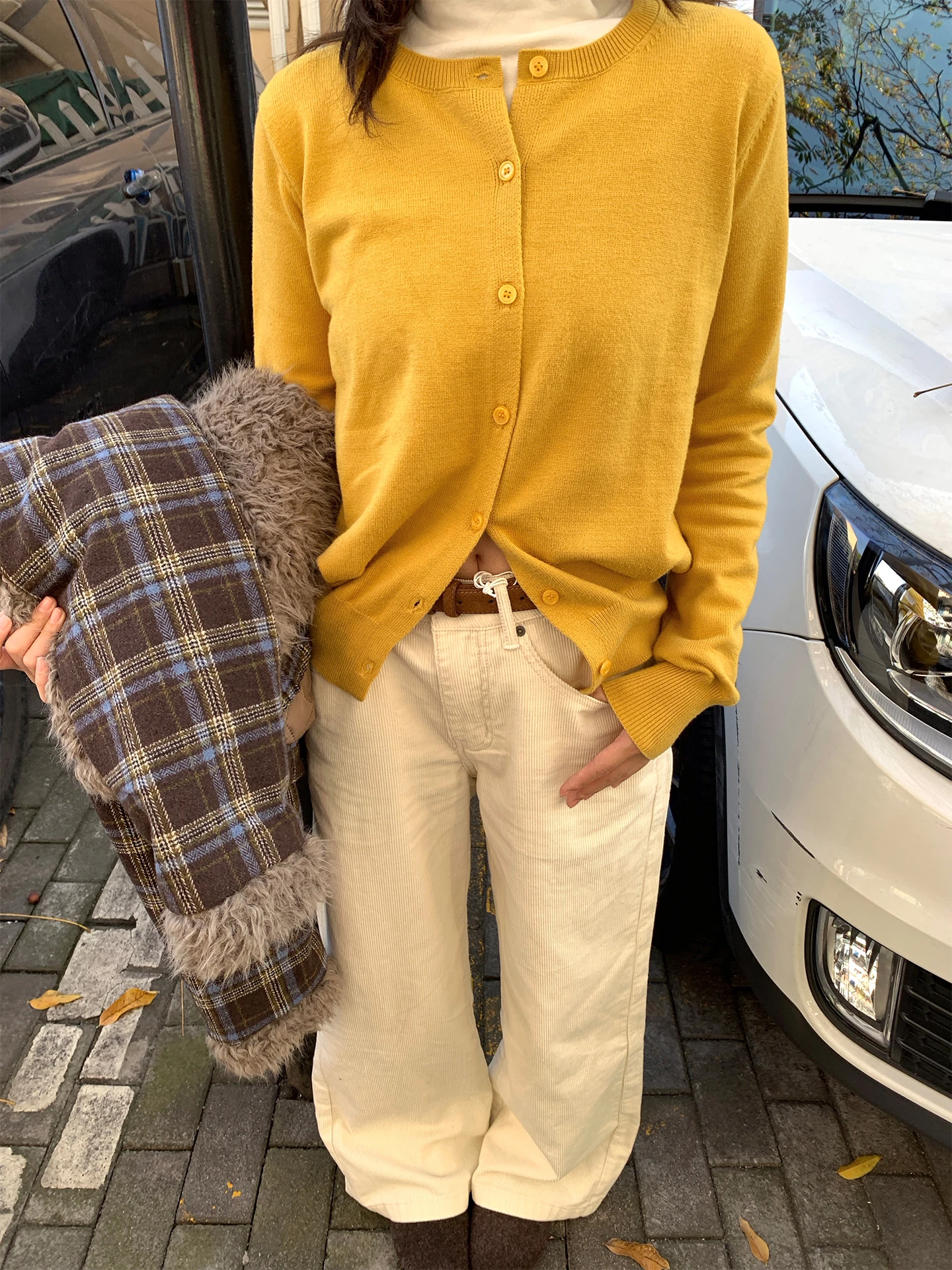 

Корейский вязаный кардиган однотонного цвета с длинными рукавами и круглым вырезом, повседневный, для девочек, укороченный, с открытым передом