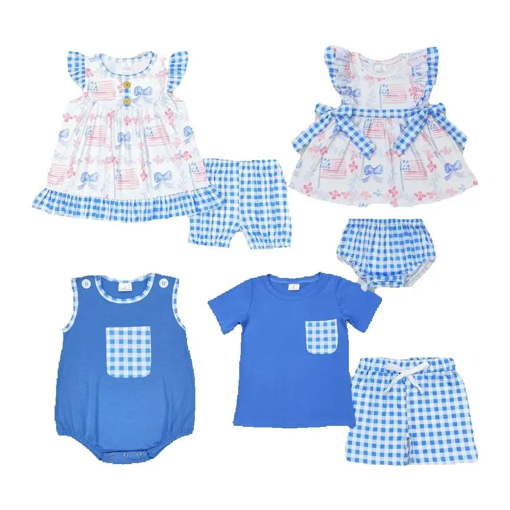 

Baby Girls Boys Sibling 4th of July Bows Summer Rompers Clothes Sets