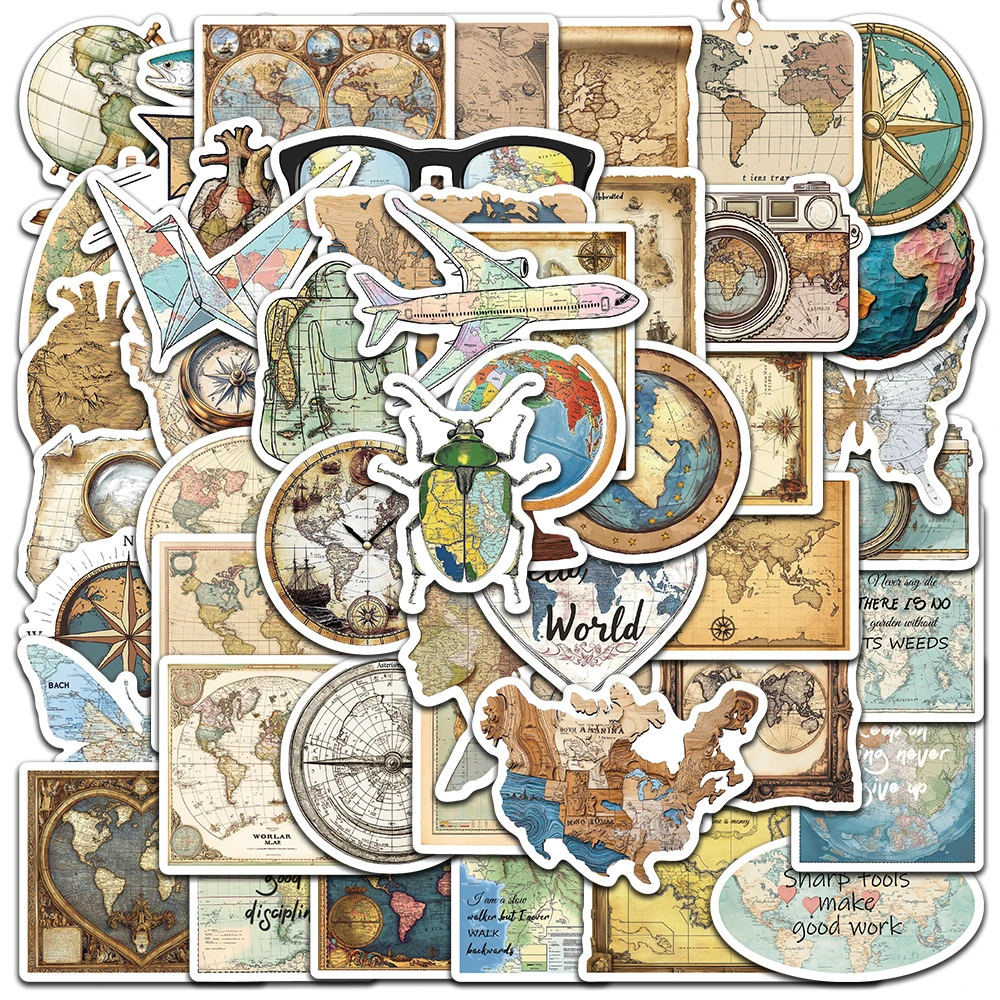 

50pcs Aesthetic Retro Maps Travel Stickers For Luggage Guitar Laptop Phone Diary Bicycle Waterproof Graffiti Vinyl Decals
