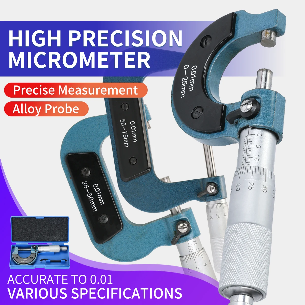 Outside Micrometer Screw Gauge 0-25mm 25-50mm 50-75mm External Diameter Measuring Tool Precision Thread Micrometer Caliper