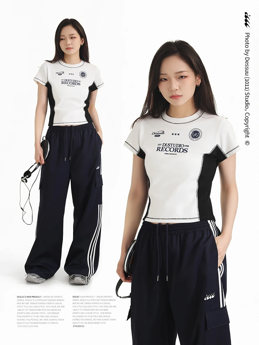 

DUU Letter Print Elastic Slim Fit ort Sve T-irt Street Sle Spor Casual Cotton Spandex ort Length Top