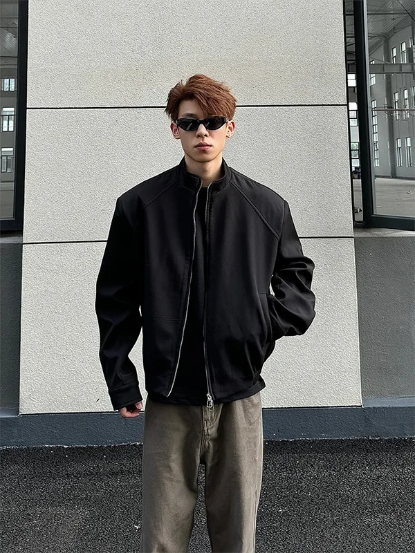 

Bla Casual oulder Pad Jaet Men's Cleanfit ort Wide Sle Stand Collar Outerwear Autumn Versatile Trendy Top