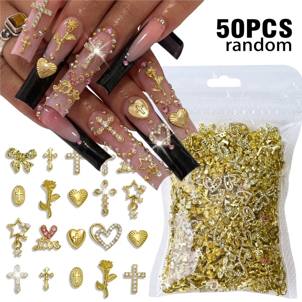 50Pcs mix Metal Gold Cross Heart Star Bow Rose Flower Nail Charms Shiny Alloy Pendant Star Nail Rhinestones Flatback Nail Jewelr