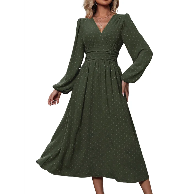 Sukienki maxi damskie na jesień, długi rękaw, dekolt w serek, wzór w kropki, wysoki stan, krój A, falbany, styl boho, długa sukienka na wakacje