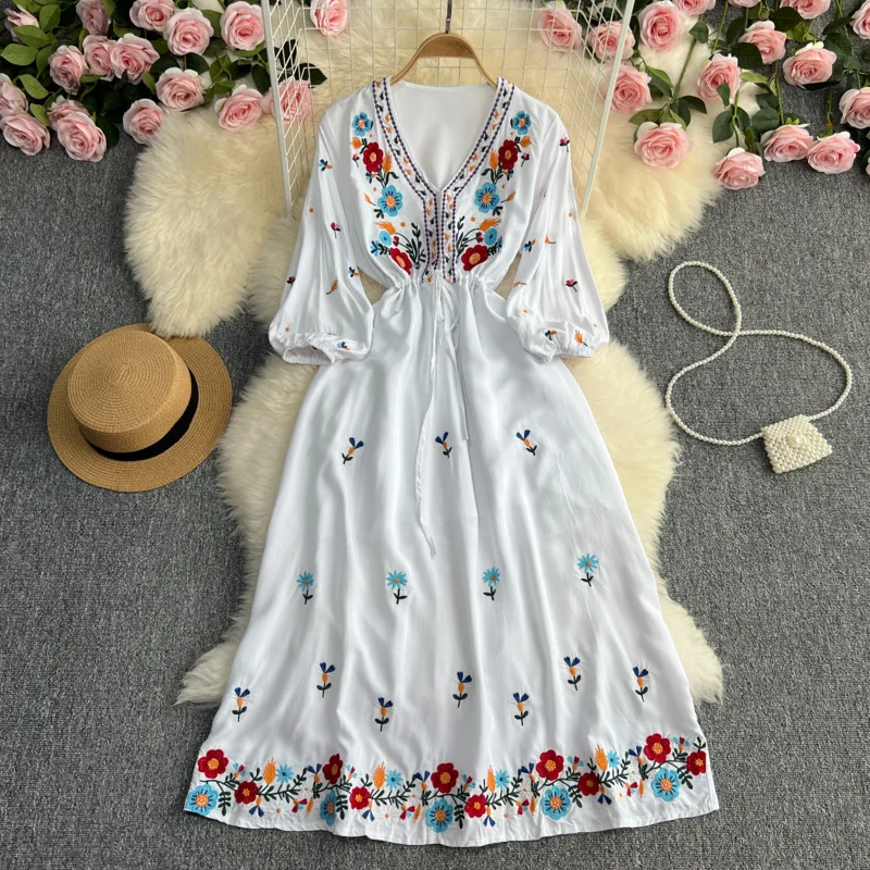 

Women Dress A Line Mid Length Maxi Dresses V Neck Puff Sleeve Casual Beach Embroider High Waist Slim Sexy Vestidos Summer