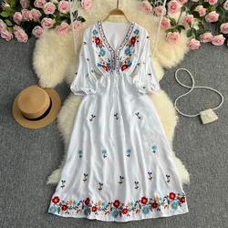 Women Dress A Line Mid Length Maxi Dresses V Neck Puff Sleeve Casual Beach Embroider High Waist Slim Sexy Vestidos Summer