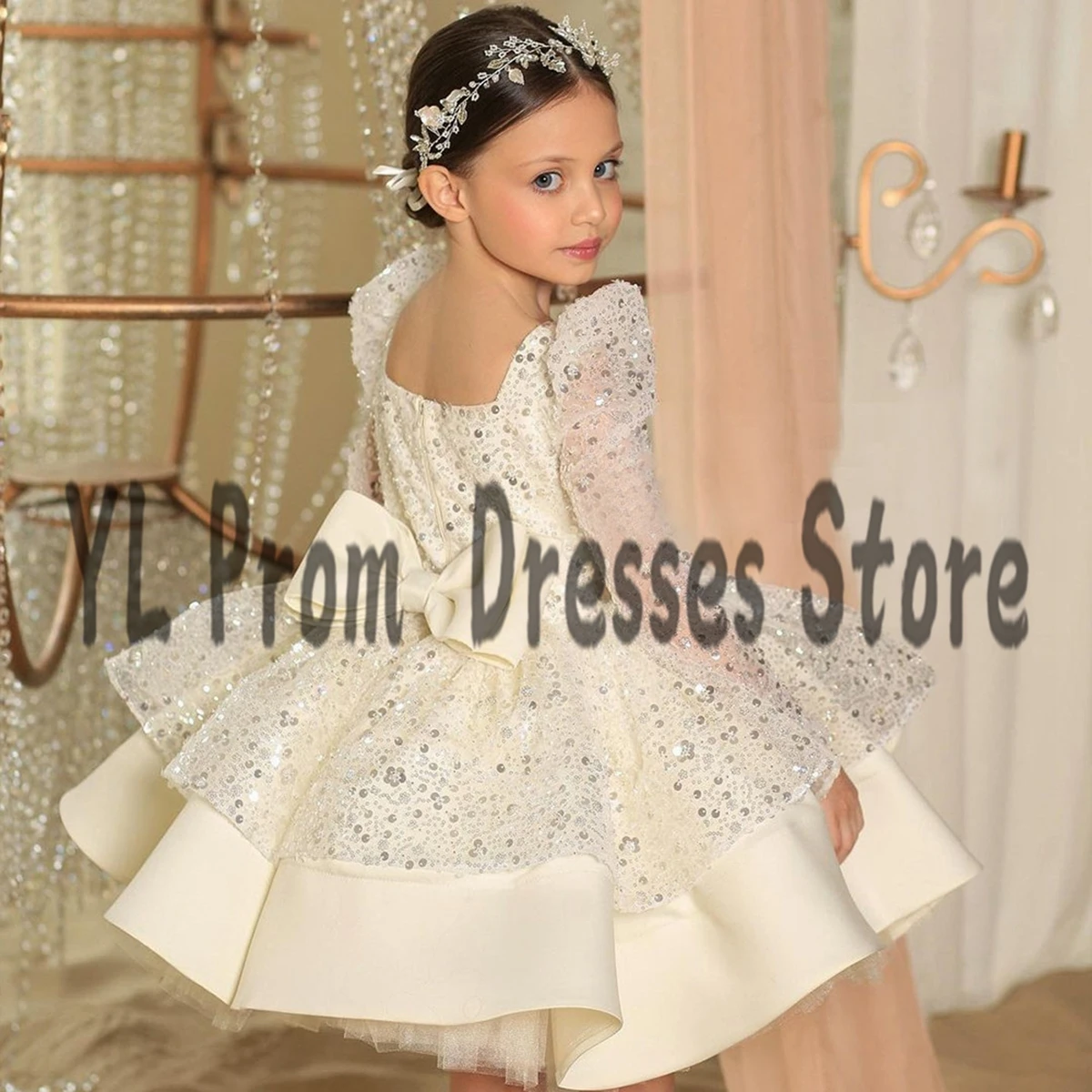 YL Modern Mini A-Line Baby Kids Dresses Ivory Pink Puffy Sequined Satin Flower Girl Dresses Square Collar Birthday Party Gowns