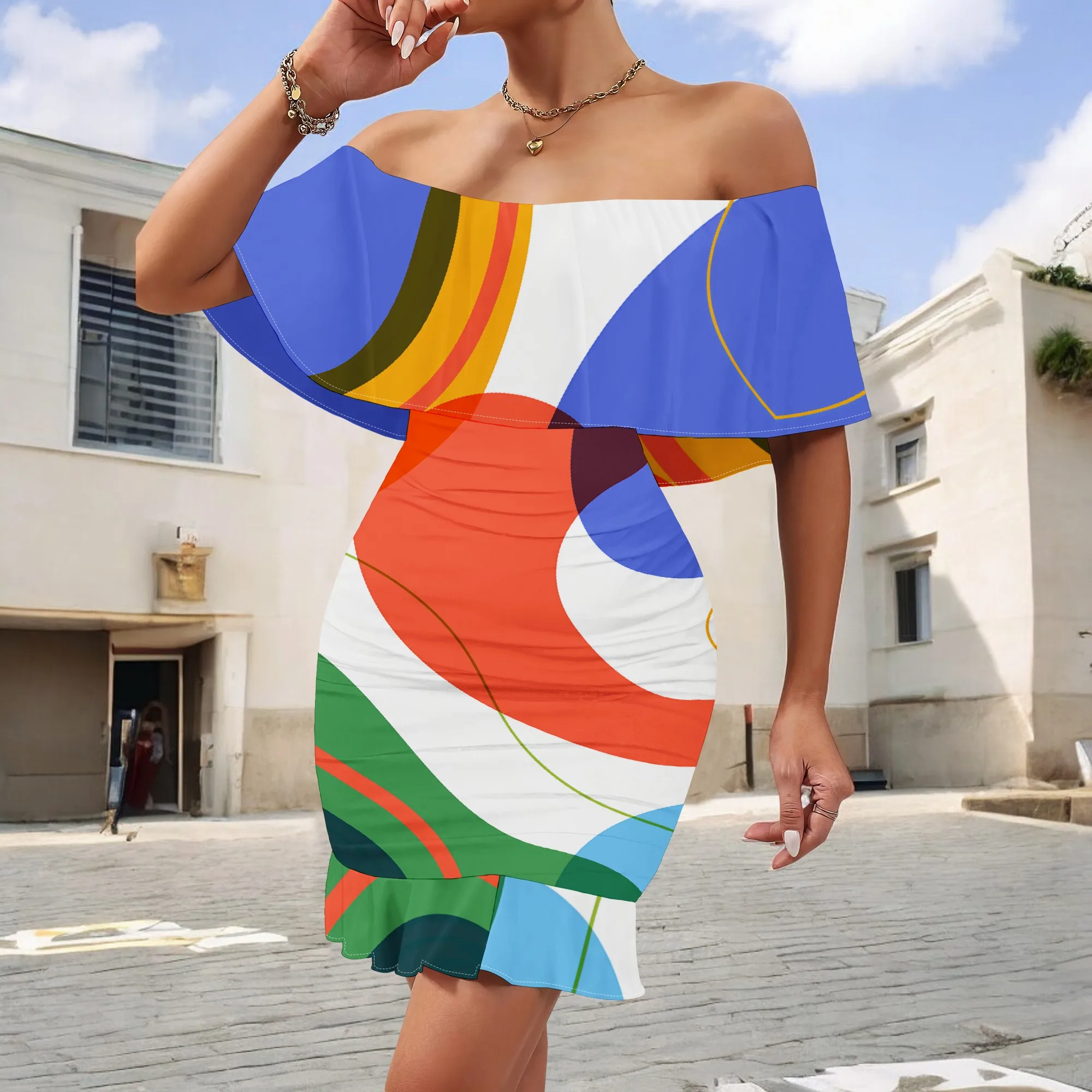

Colorblock Abstract Off Shoulder Mini Dress S-3XL Ruffle Overlay Bodycon Style for Pride Festival, Afro Streetwear or Art Brunch
