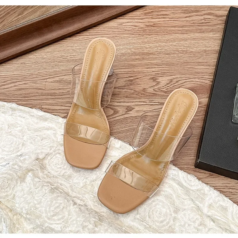 Women Sandals Wearing Simple Style PVC Clear Strappy Buckle High Heels Woman Transparent Heels Yellow Women Shoes