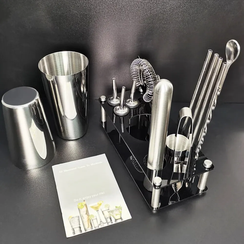 13 Piece 750ml 600ml Cocktail Shaker Set Stainless Steel Bar Tools with Black Stand, 750ml Shaker, Jigger, Spoon, Pourers