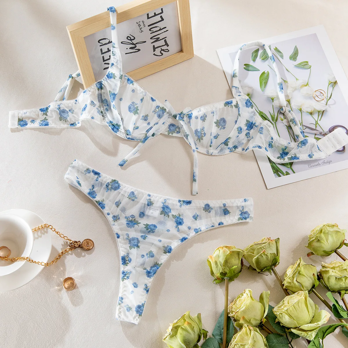

New Fashion Sexy Floral Split Lingerie Set Pure Seductive Ultra-thin Mesh Printed Bra Thongs Suit Women's Perspective Underwear