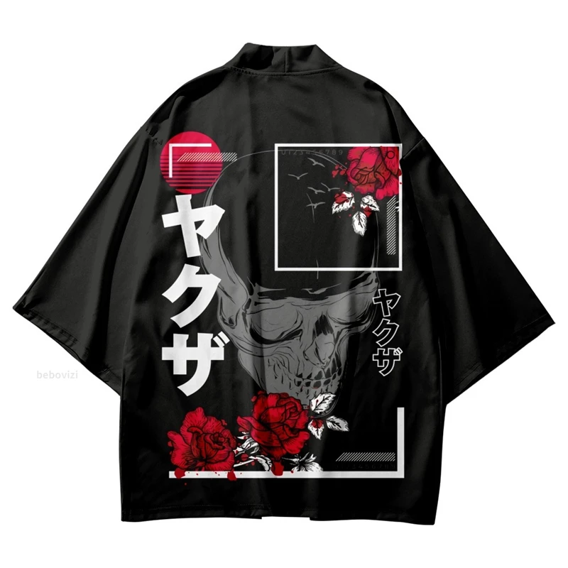 

Japanese Style Skeleton Rose Print Kimono Streetwear Men Women Cardigan Harajuku Traditional Robe Clothes Summer Beach Haori