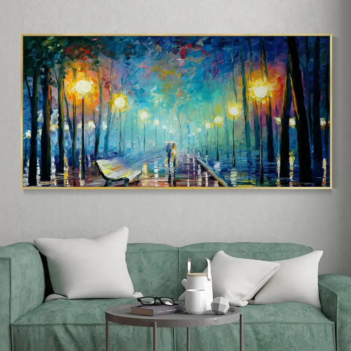 Abstract Forest Landscape  Hand Painted Oil Painting Lovers Walking In The Rain Night Street Beauty Textured Tree Wall Art Lover