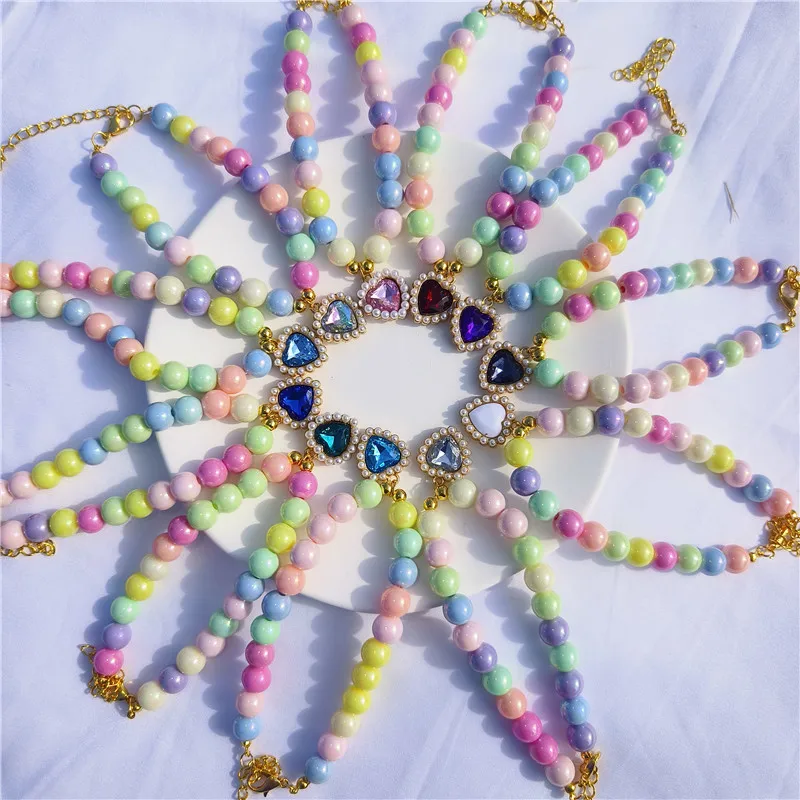 Colorful Dog Pearl Collar Pendant Princess Necklace Dog Sweet Ornament Cat Ornament Puppy Rhinestone Collar Small Dog Ornament