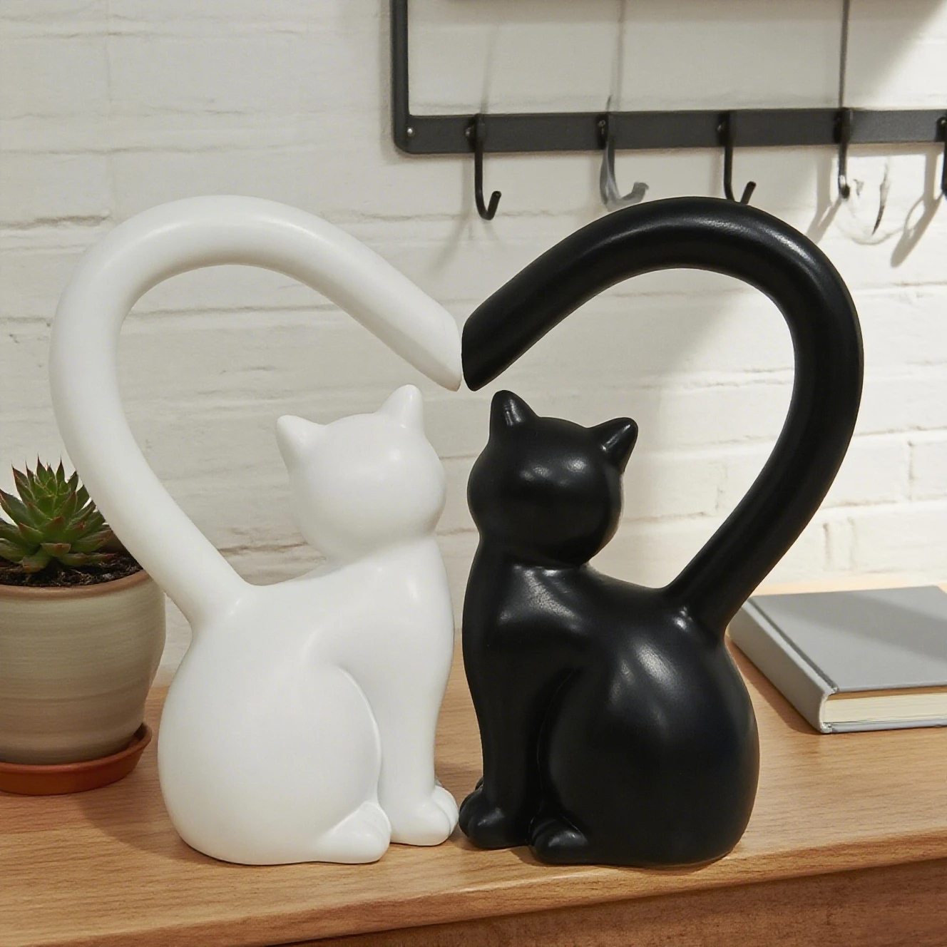 A Pair of Modern Minimalist Black and White Cat Heart-Shaped Ornaments, Resin Couple Cats Home Decor, Living Room Entryway Tabletop Soft Decoration