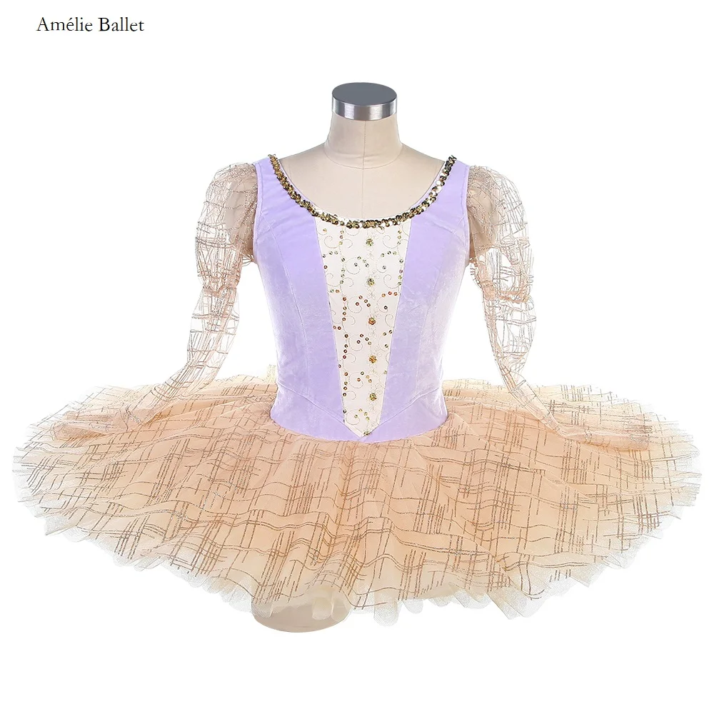 B24102 Customized Professional Ballet Dance Tutus Long Sleeves Lilac Velvet Bodice Pancake Tutu Women Girls Ballet Costumes Tutu