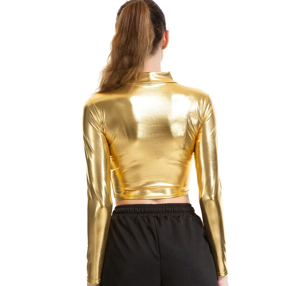 Golden Solid Color Patent Bustier Performance Costume Long Sleeve Tops For Women Cosplay Nightclub