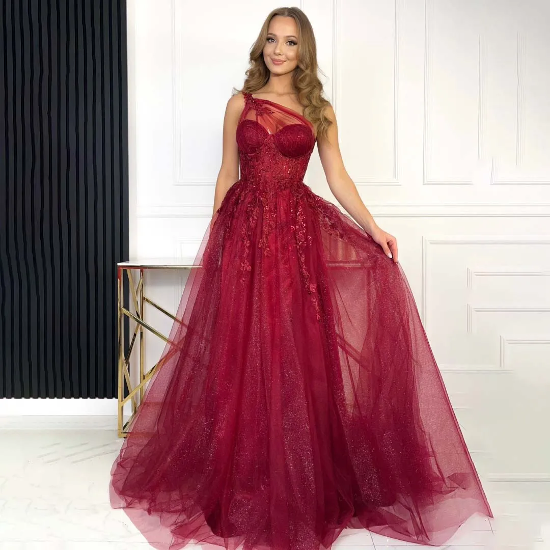 우아한 아플리케 장식 원숄더 프롬 드레스 튤 글리터 하이 슬릿 롱 드레스 생일 파티 공주 드레스 크리스마스 이브닝 드레스