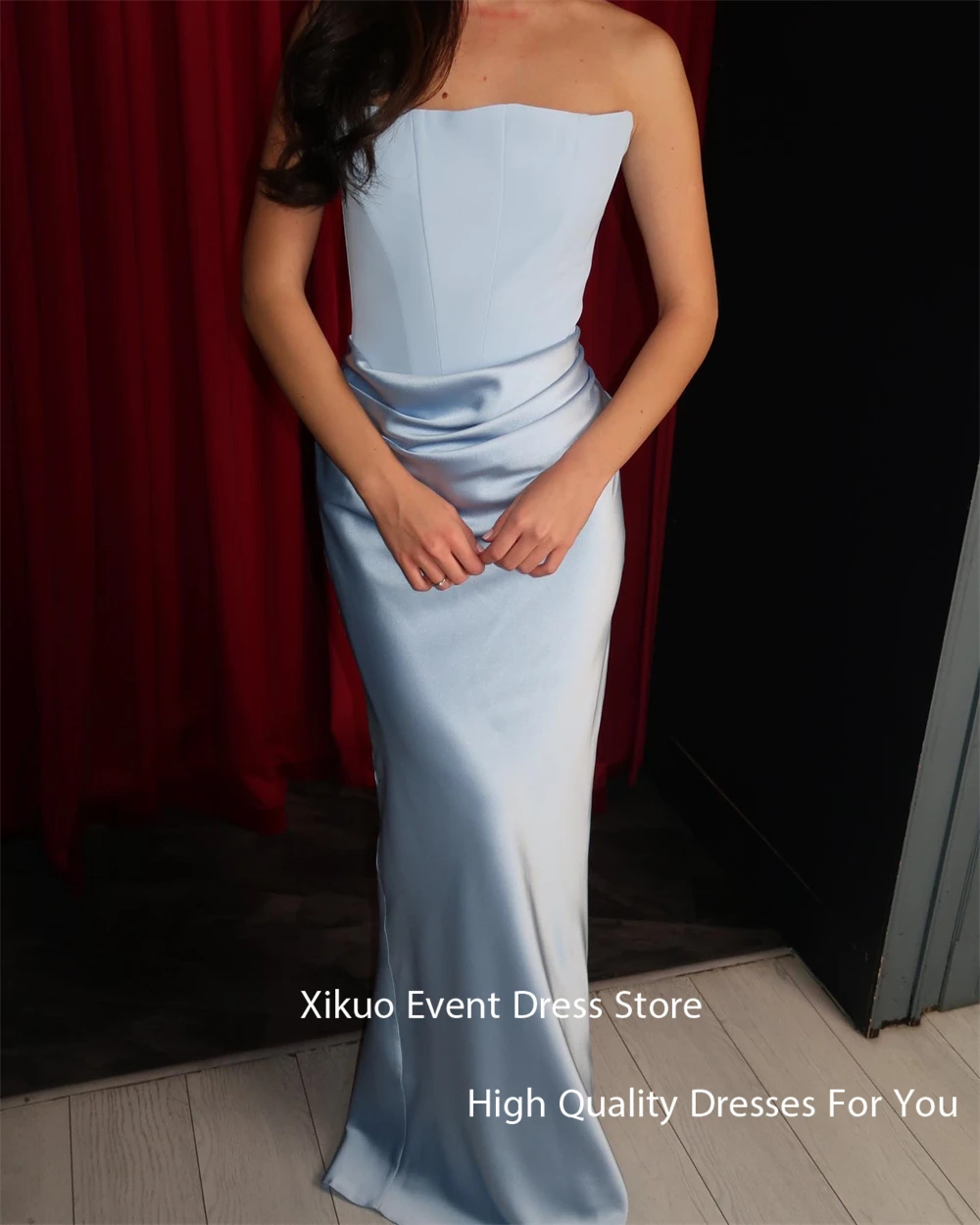 Xikuo moderno azul cetim feminino vestidos de noite sem alças longos vestidos de fiesta elegante sereia vestidos de festa de baile personalizados