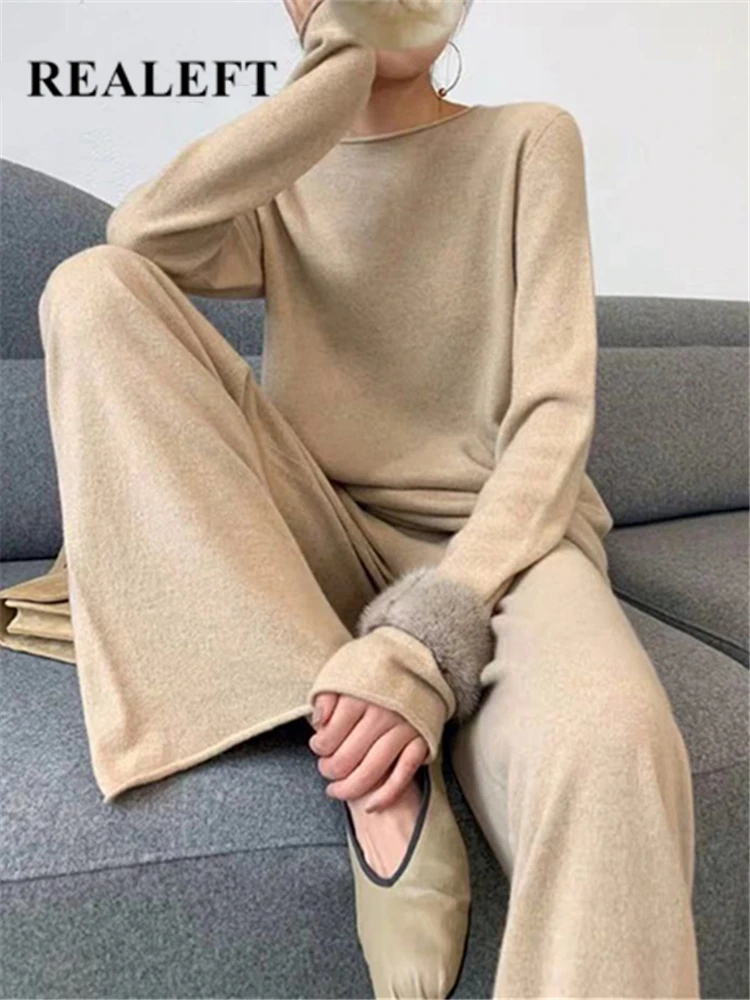 REALEFT Autumn Winter 2 Pieces Women Sets Cashmere Tracksuit 2024 Slash Neck Sweater and Wide Leg Jogging Pants Pullover Suits