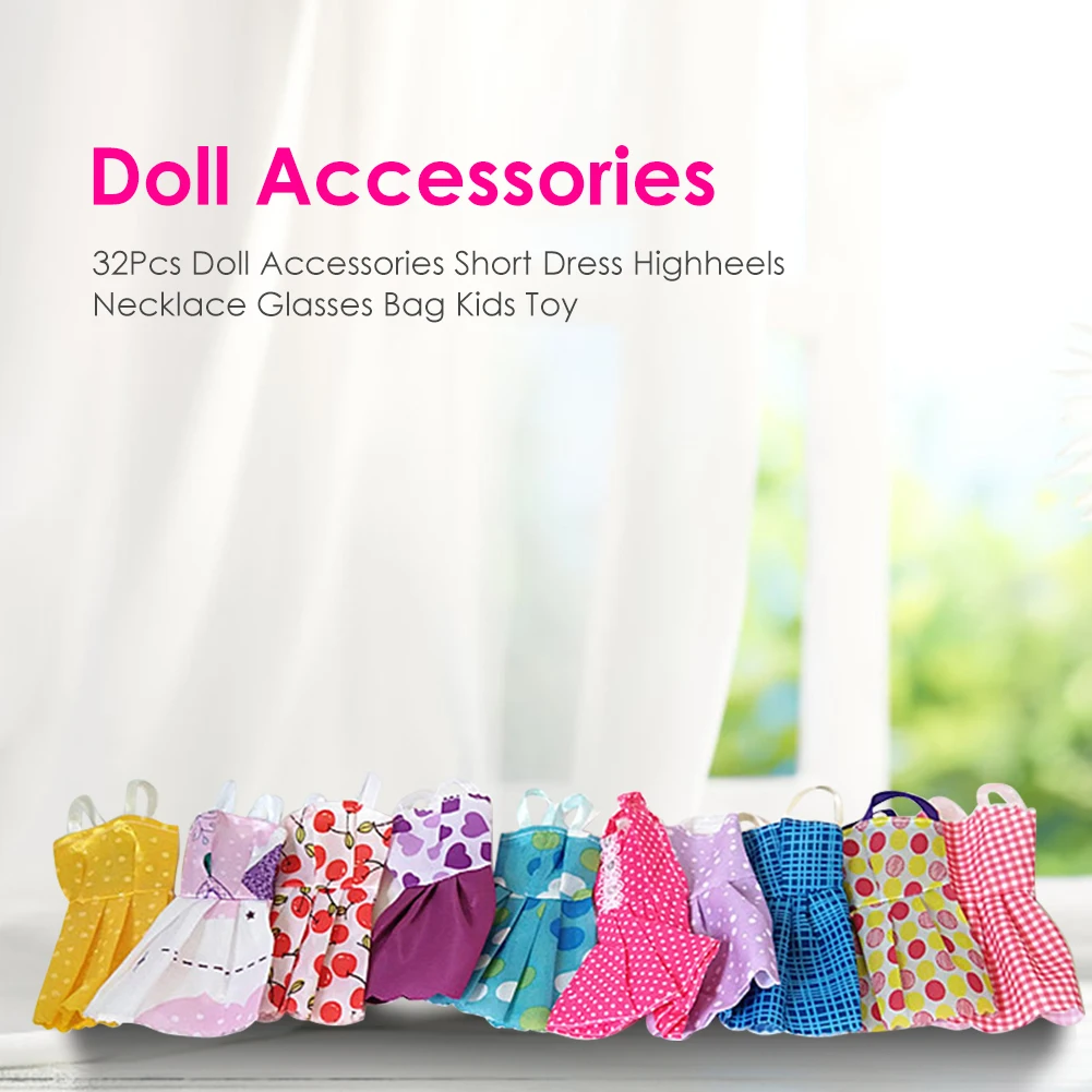 

32 шт., аксессуары для кукол, милое платье, ожерелья, сумки на высоком каблуке, одежда, очки, креативный дизайн, детские игрушки, подарки