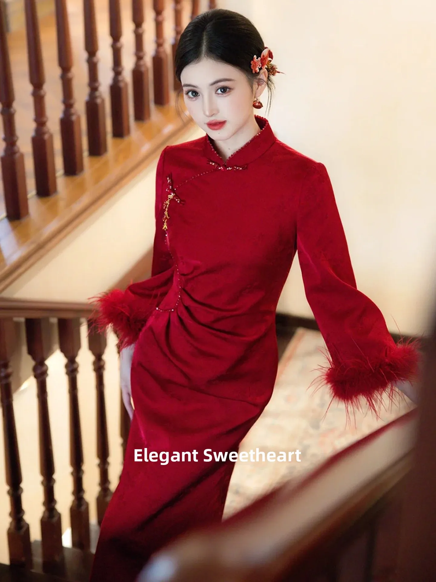 

Red Wedding Dr Long Sve Fce Lined Bride to Be Ceremony Robe Vintage Sle Zipper Closure a Line Skirt