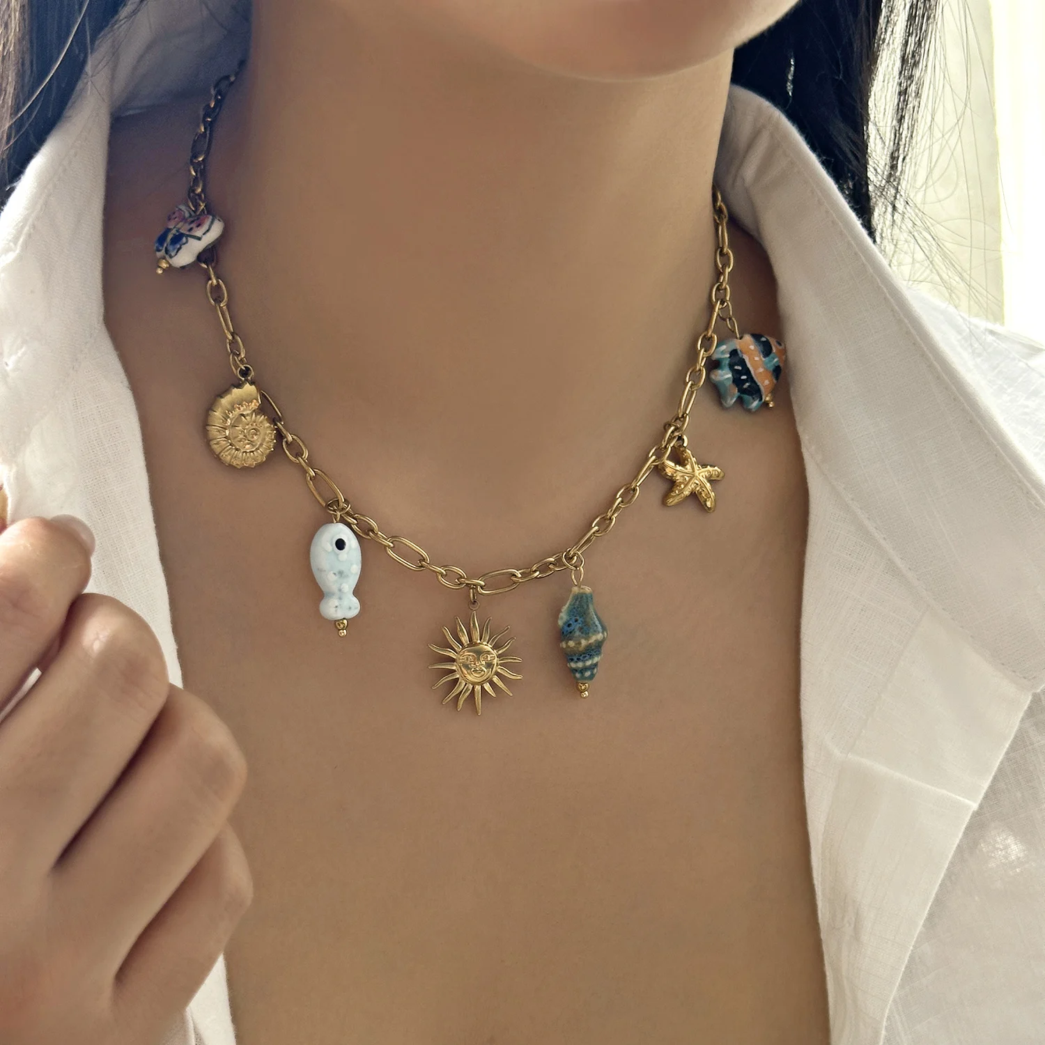 Mode Edelstahl Metall Conch Halsketten für Frauen Nette Shell Quaste Keramik Fisch Halsketten Party Täglichen Schmuck Geschenke – Detail 29