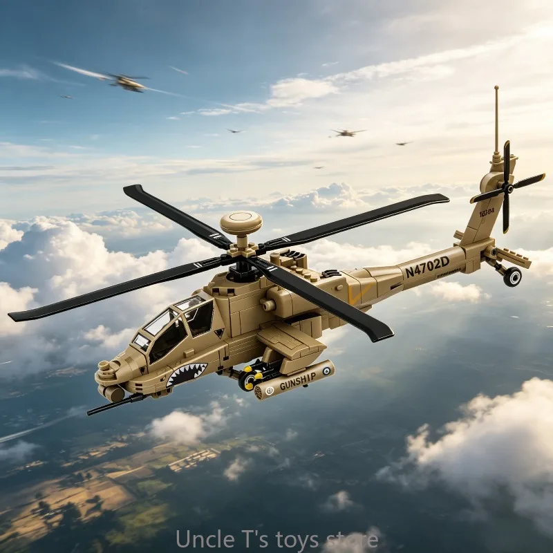 

US Military AH64 Apache Gunship Helicopter Building Blocks Cool Present Desktop Ornament Fighter Aircraft Assembly Display Model