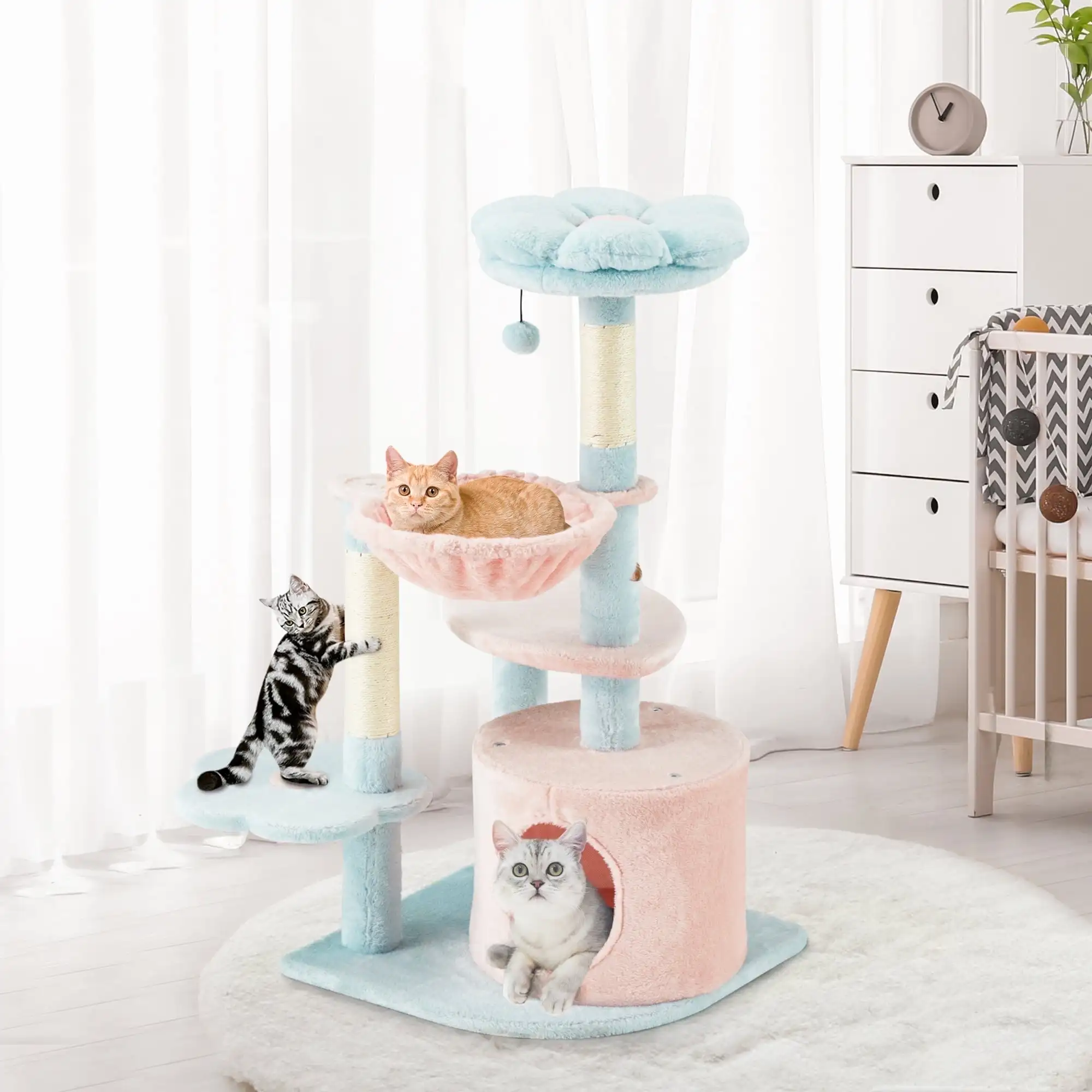 

43.3" Flower Cat Tree Tower with Flower Perch, Hammock, Dangling Ball, Cat Condo for Indoor Cats, Blue