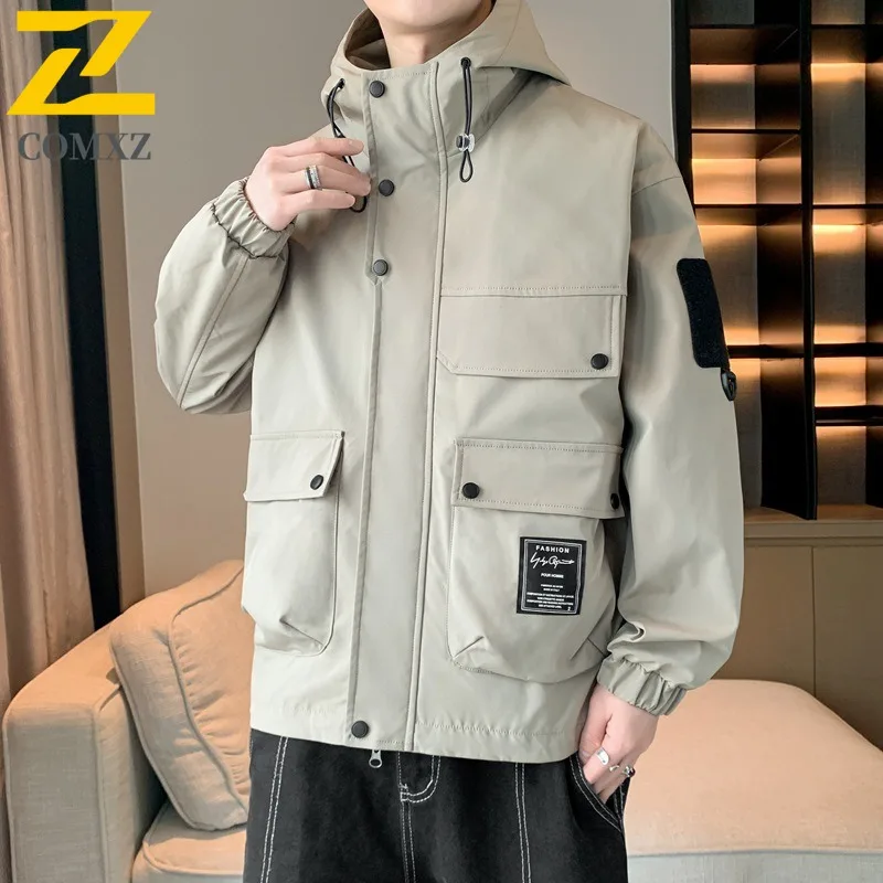 

COMXZ 2025 Hong Kong Style Jacket Men Hooded Autumn Winter Mens Korean Casual Youth Large Pocket Outdoor Mountaineering Coat