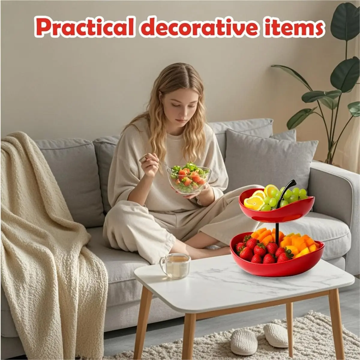 Utility Design Double Layered Ceramic Fruit Bowl, Red Dessert Rack, Coffee Table, and Contrasting Snack Plate for Parties