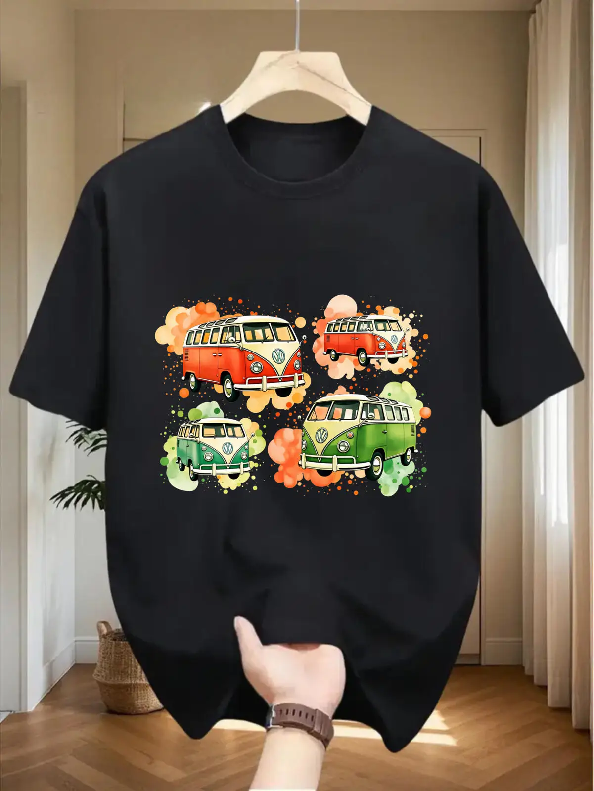 Four Retro VW Camper Van Watercolor Splash Travel Print 100% Cotton Black Crewneck T‑Shirt