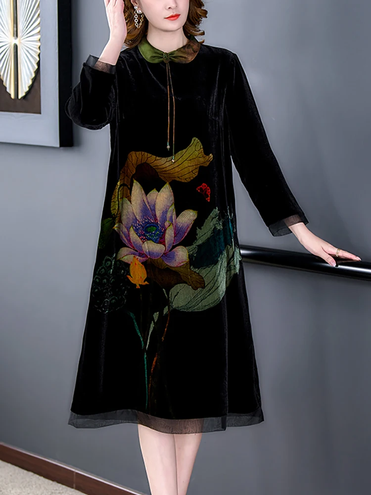 2024 Black Floral Velvet Polo Collar Midi Dress Autumn Winter Thick Warm Loose Prom Dress Women Korean Vintage Hepburn Vestidos