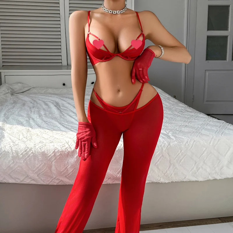 2025Новые повседневные сетчатые длинные брюки, формирующие тонкое сексуальное женское белье, комплект из двух предметов с перчатками