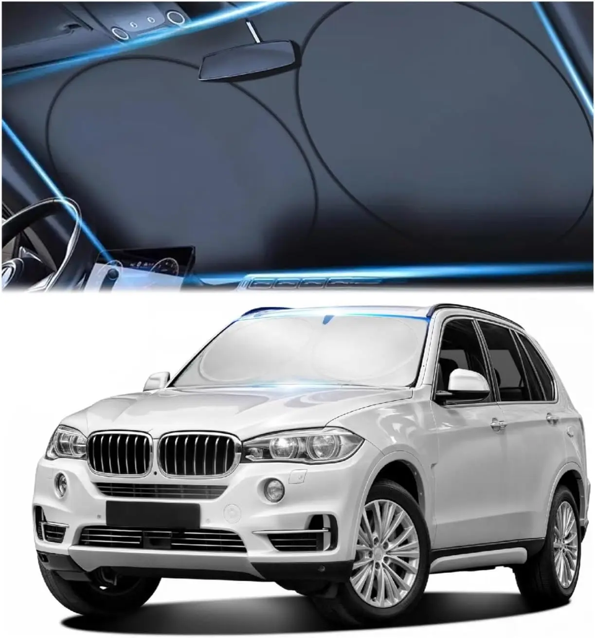 

Windshield Sun Shade, Reflective Sunshade for Car Windshield with Mirror Cut-Out, Blocks 99% UV Rays & Keeps Vehicle Cool, Fits