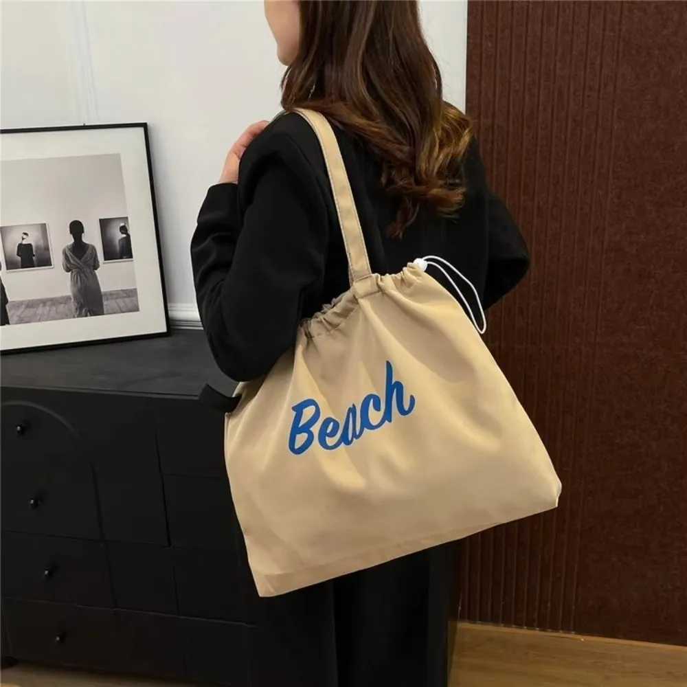 Fashion Canvas Shoulder Bag Portable Casual Handbag Large Capacity Letters Printed String Tote Bag Shopping