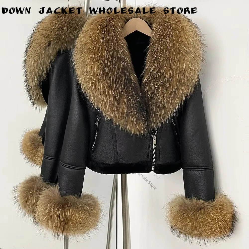 Winter Oversized Real Fur Jacket Women Warm Cuffs Clothes Short Faux Leather Fake Fur Inner Jacket Thick Female Fox Fur Coat
