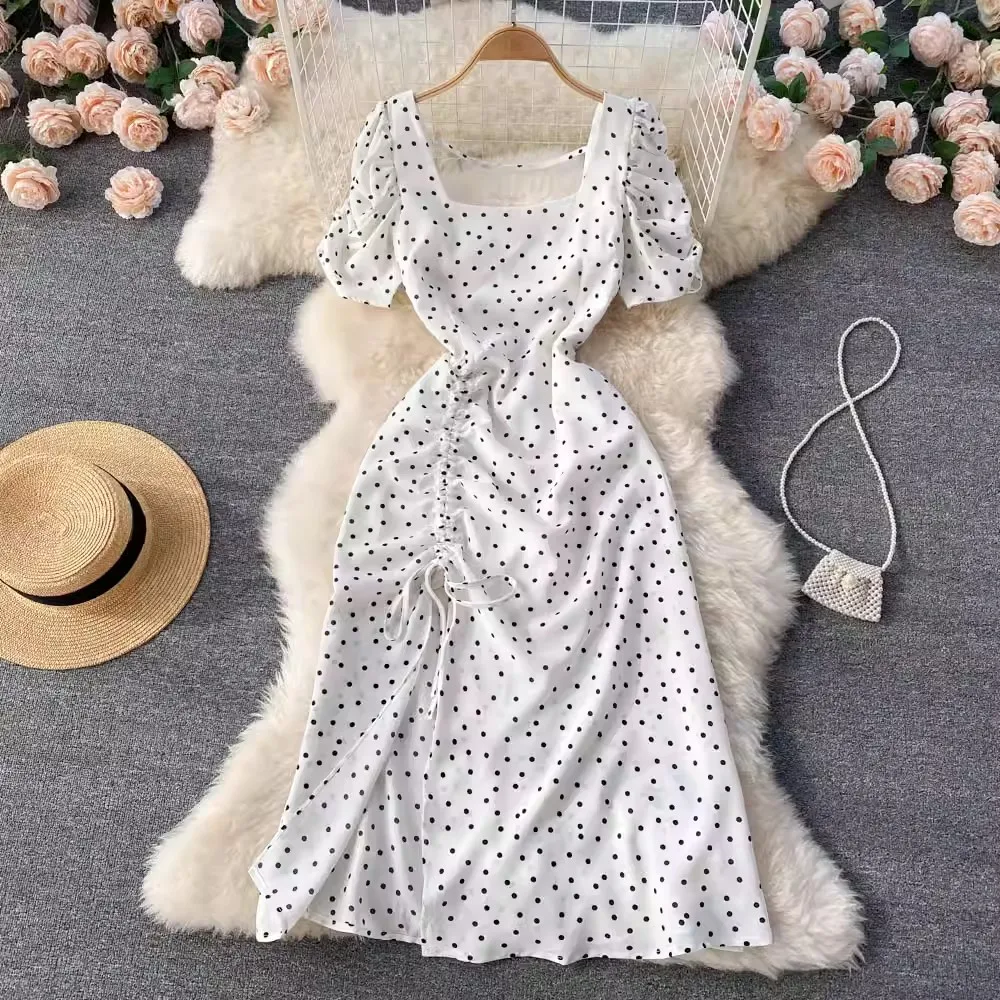 

Summer Women’s Polka Dot A-Line Dress Sweet Elegant Dot Print Square Neck Bandage Long Dress Lady Chic White Party Dress